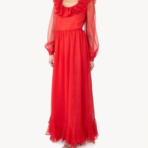 Rona California Sheer Long Sleeve Ruffle Dress Red Vintage Gown Formal Valentine